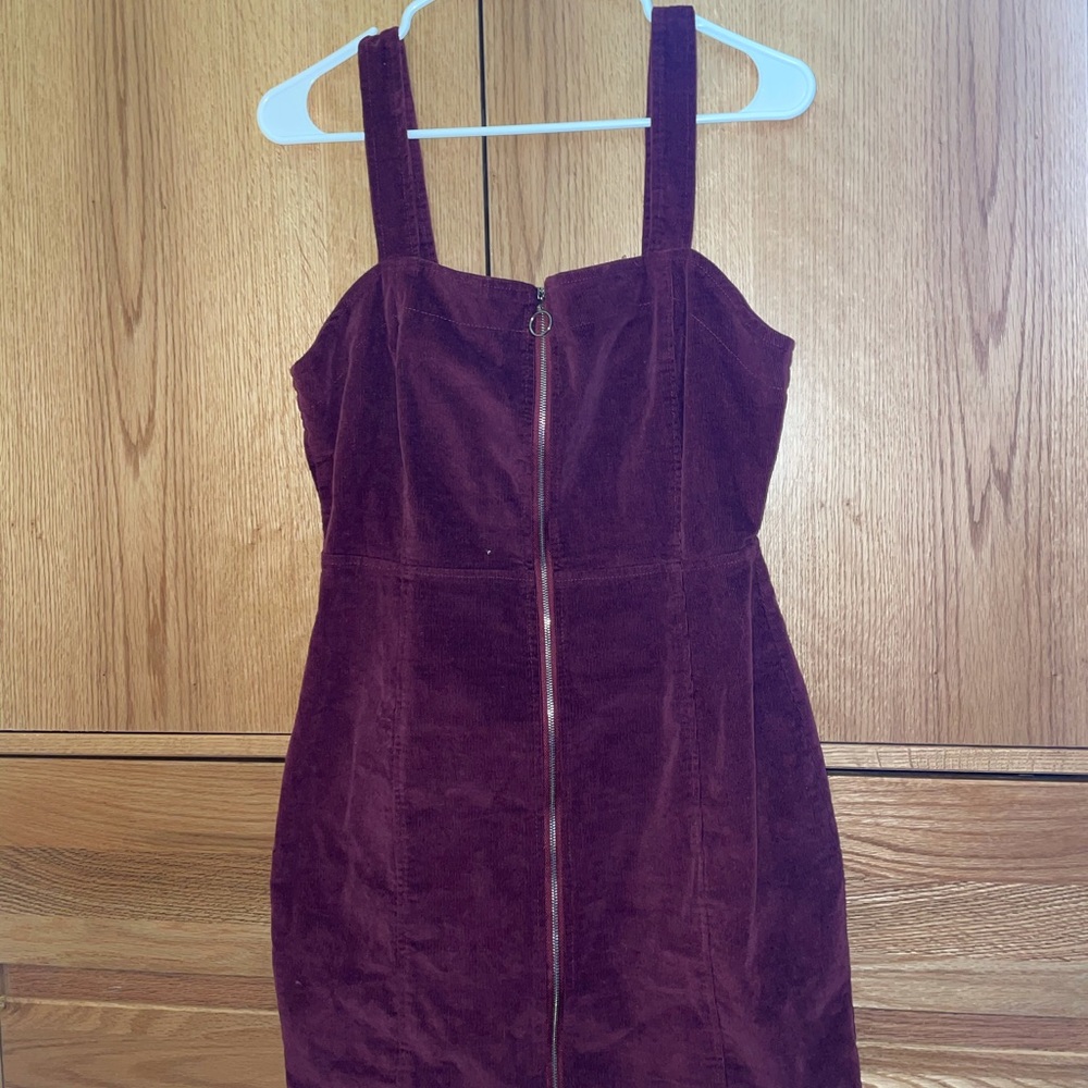 Maroon Corduroy Zip-up Overall Dress